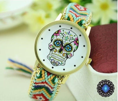 Woven Braided Bracelet Sugar Skull Watch Green Watch