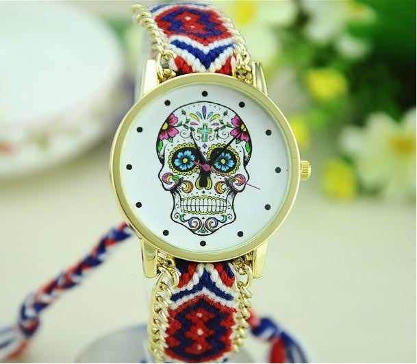 Woven Braided Bracelet Sugar Skull Watch Red Watch